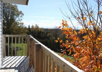 Outside back deck showing leafs on tree in fall time.